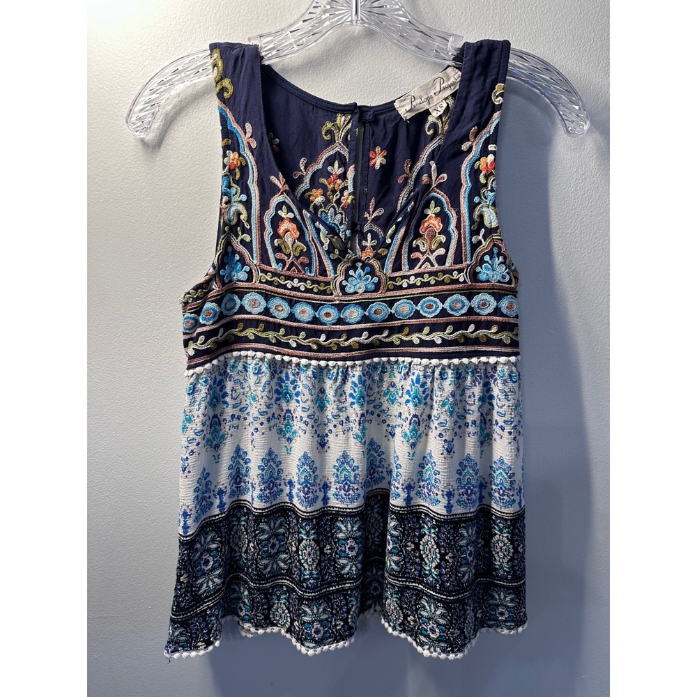 Penelope Project Womens XS Navy Blue Embroidered Boho Pom Pom Tiered Tank Top